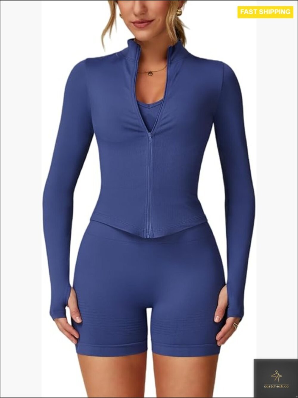 Full Zip Cropped Athletic Jacket with Thumbholes Quick Dry Running Yoga Casual